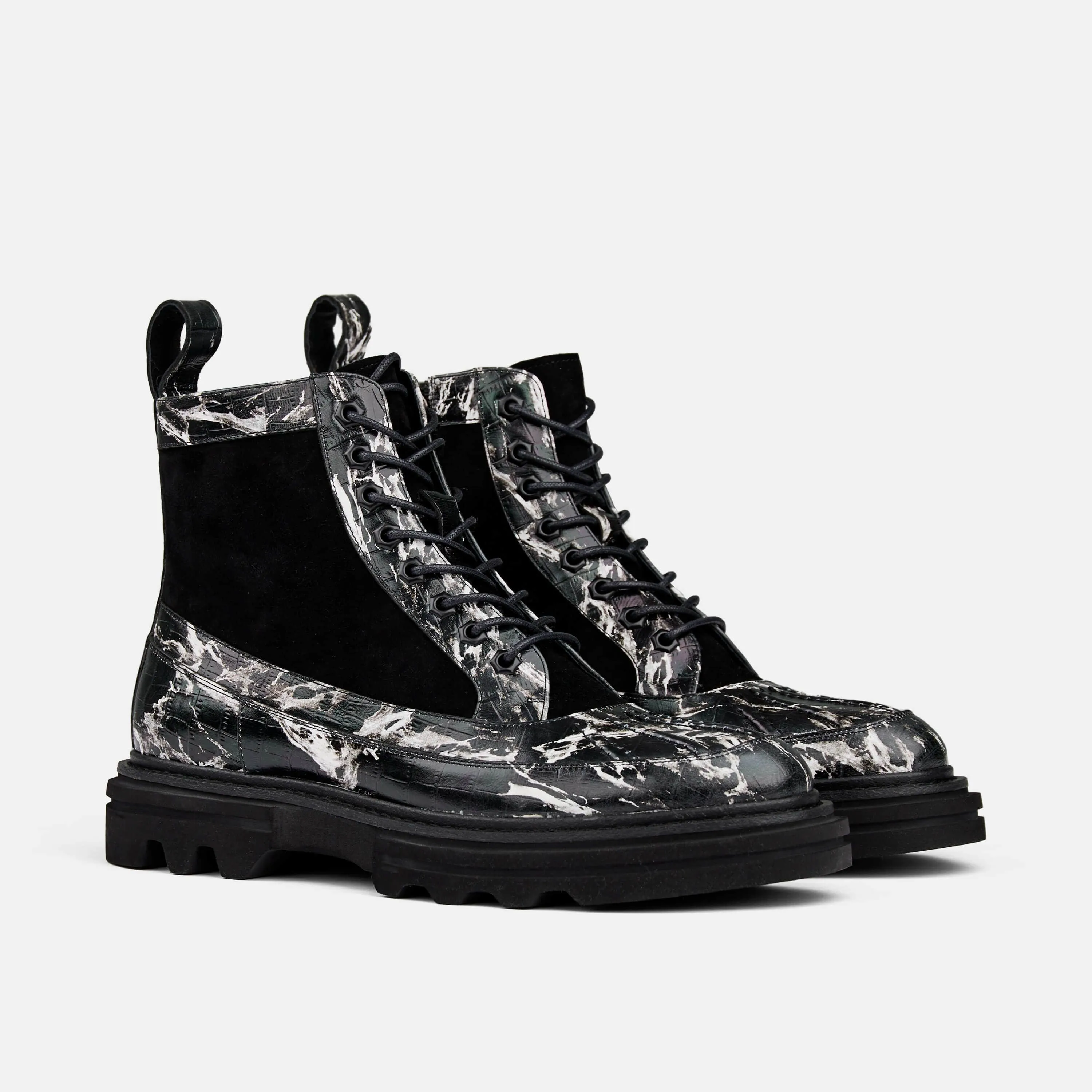 Odin Black Marble Leather Combat Boots