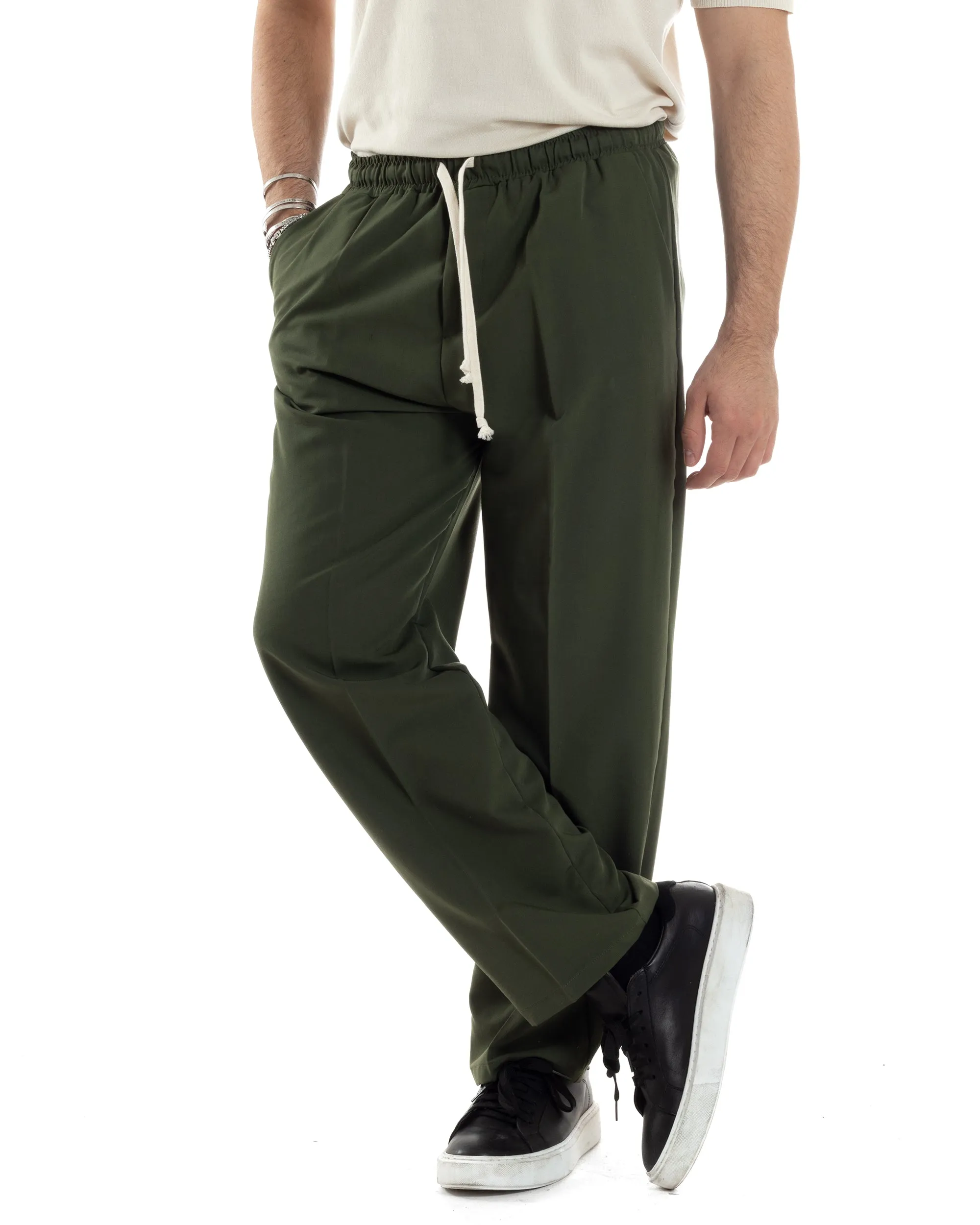 Pantaloni Uomo Pantalaccio Morbido Viscosa Baggy Verde Coulisse Fondo Largo GIOSAL-P6093A