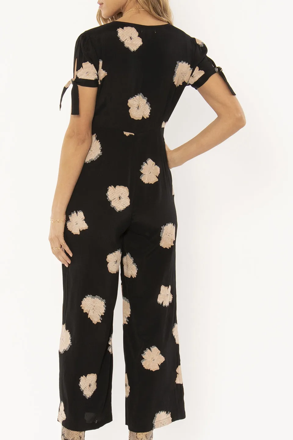 Piera SS V Neck Black Floral Jumpsuit