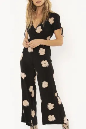 Piera SS V Neck Black Floral Jumpsuit