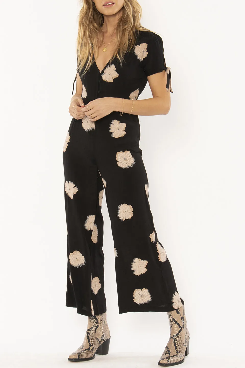 Piera SS V Neck Black Floral Jumpsuit