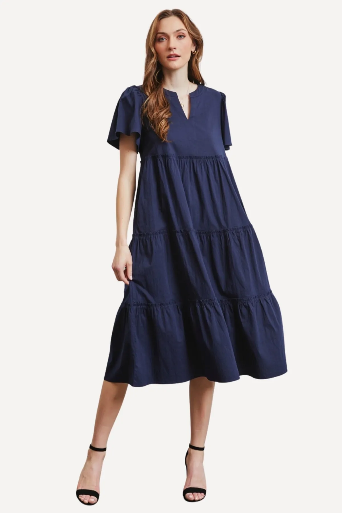 Poplin Tiered Midi Dress - Navy