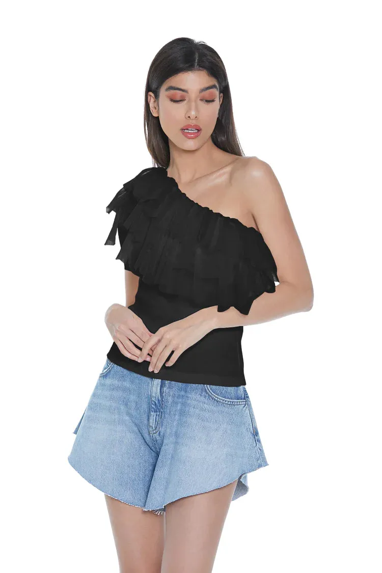 Relish one-shoulder t-shirt with tulle Riku RDP2301146005 black