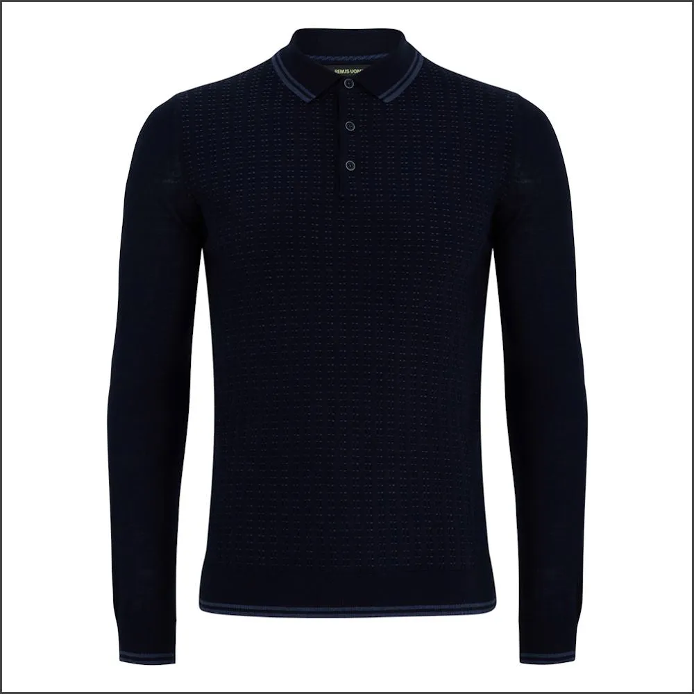 Reums Uomo Slim Fit Merino Wool-Blend Navy Polo^