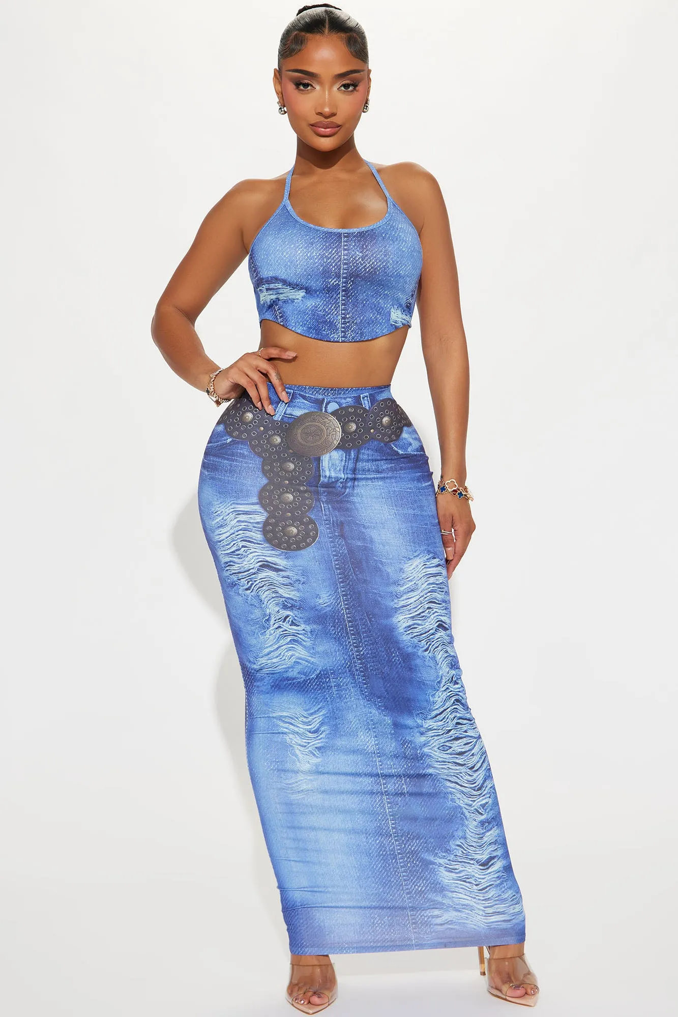 Sara Denim Print Skirt Set - Blue