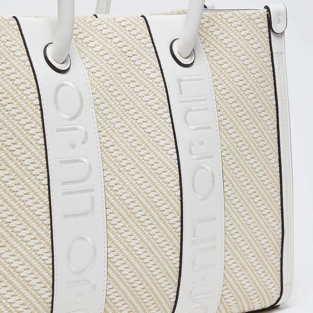 Shopping Bag LIU JO in Rafia con Logo Ricamato Off White