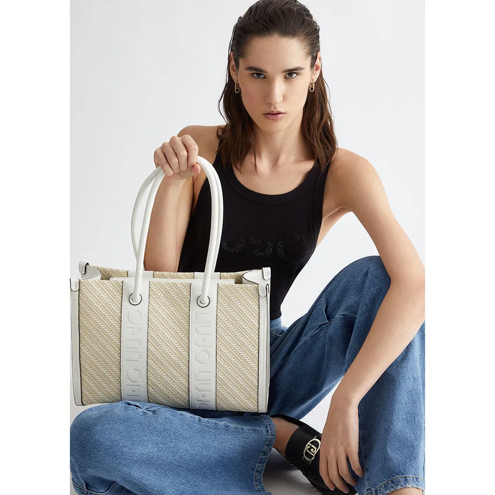 Shopping Bag LIU JO in Rafia con Logo Ricamato Off White