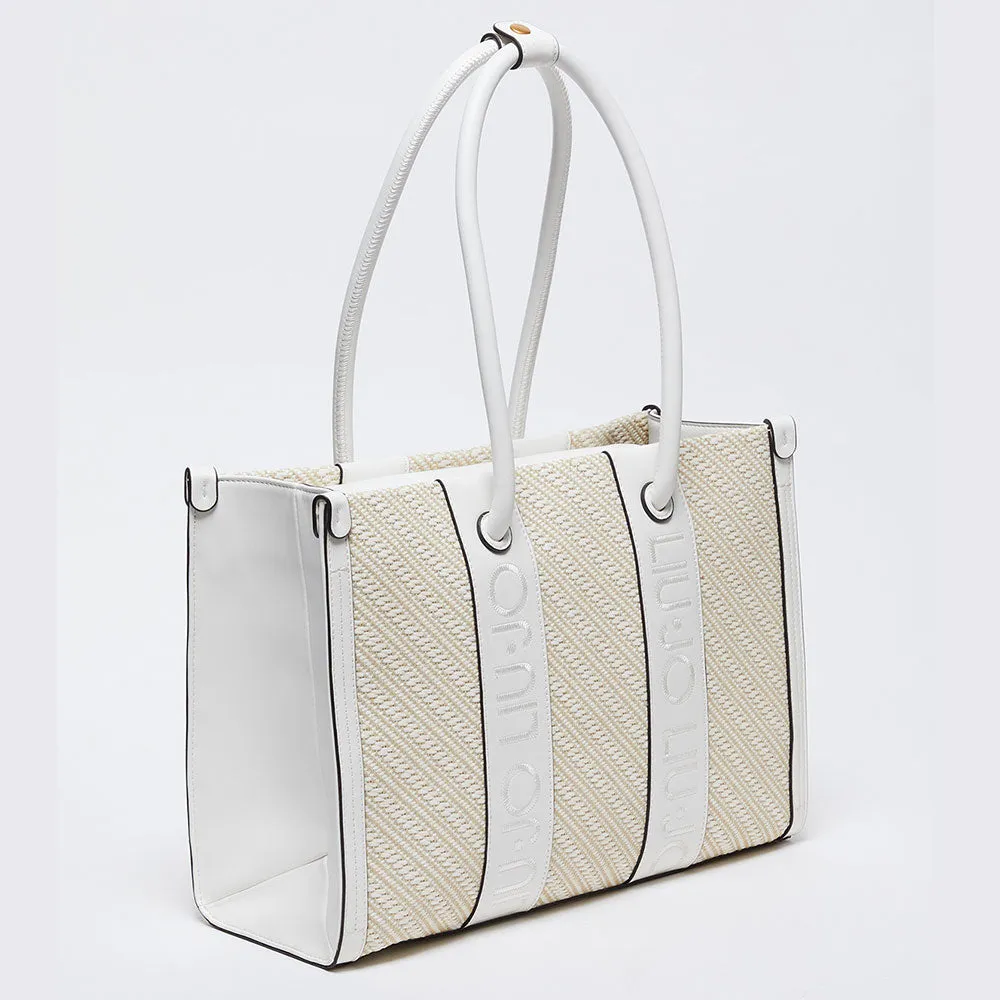 Shopping Bag LIU JO in Rafia con Logo Ricamato Off White