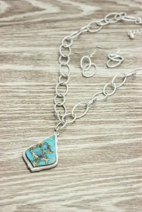 Silver Link Necklace With Teal Pendant