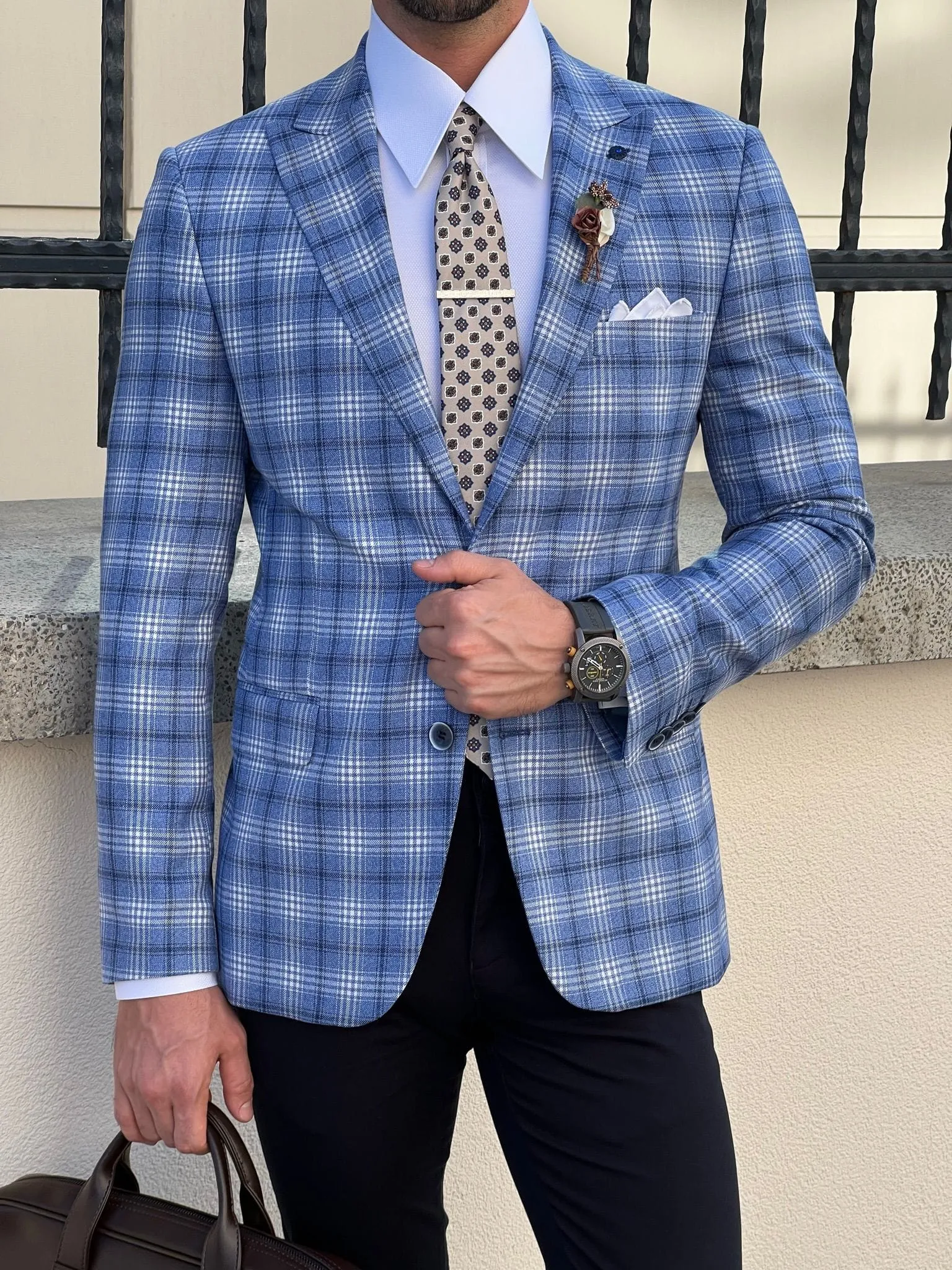 Slim Fit Collar Plaid Wool Blue Blazer