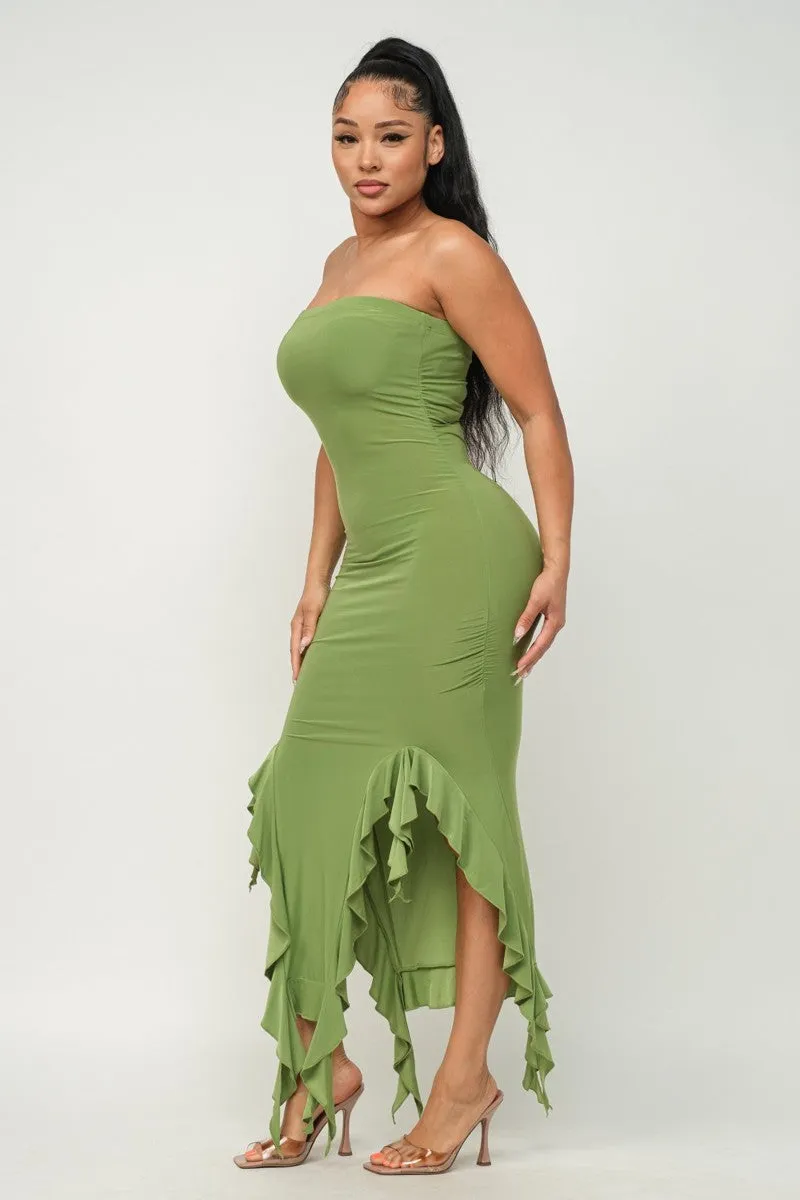 Solid Bottom Ruffle Trim Hem Slit Tube Maxi Dress