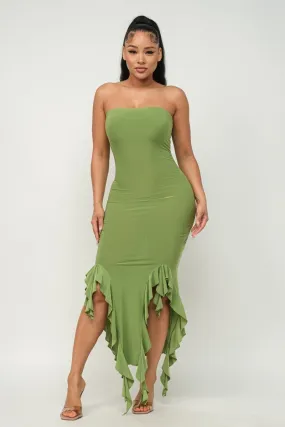 Solid Bottom Ruffle Trim Hem Slit Tube Maxi Dress