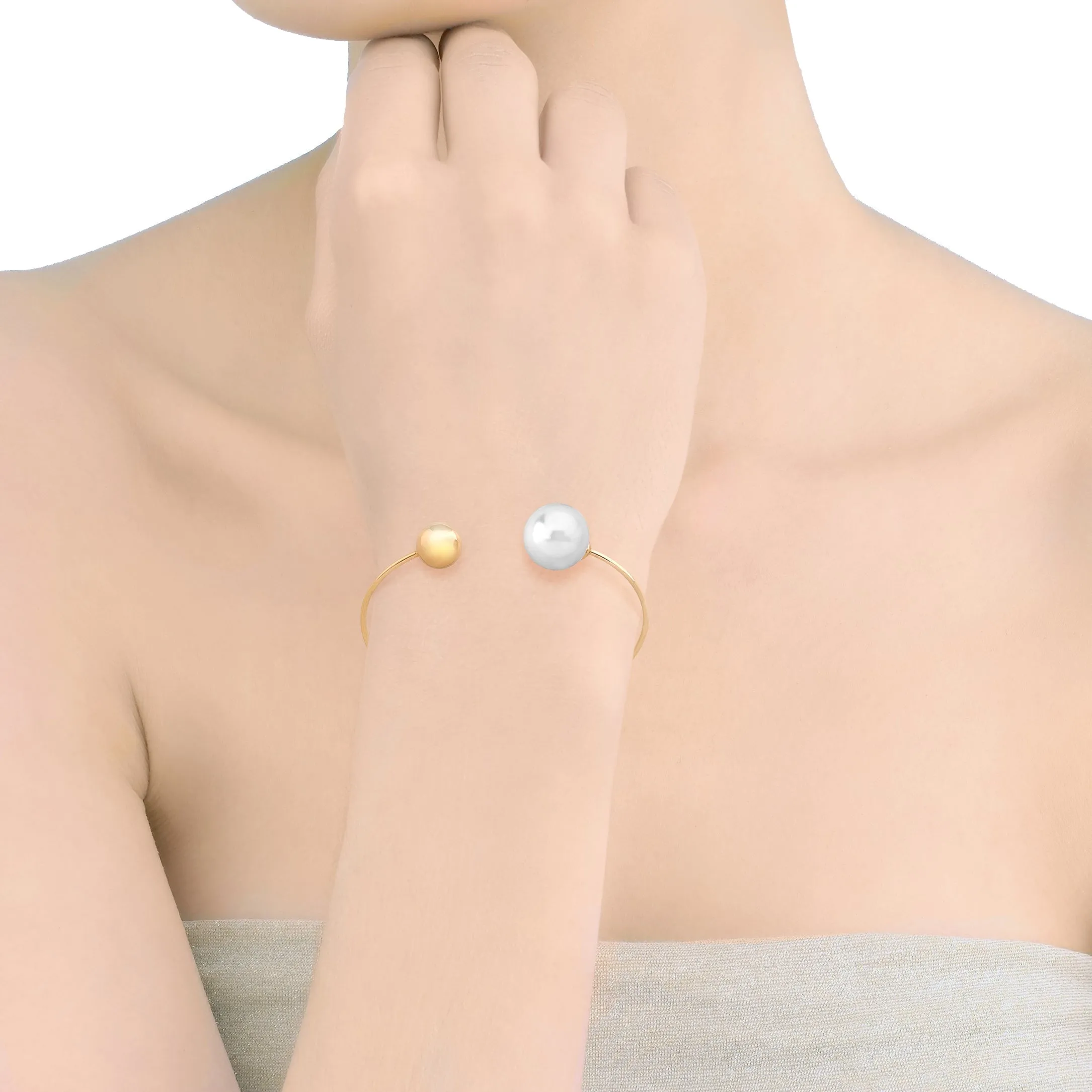 Steel Titanium Gold Plated Bracelet for Women with Organic Pearl, 14mm Round White Pearl, 23 Diameter, Aura Collection