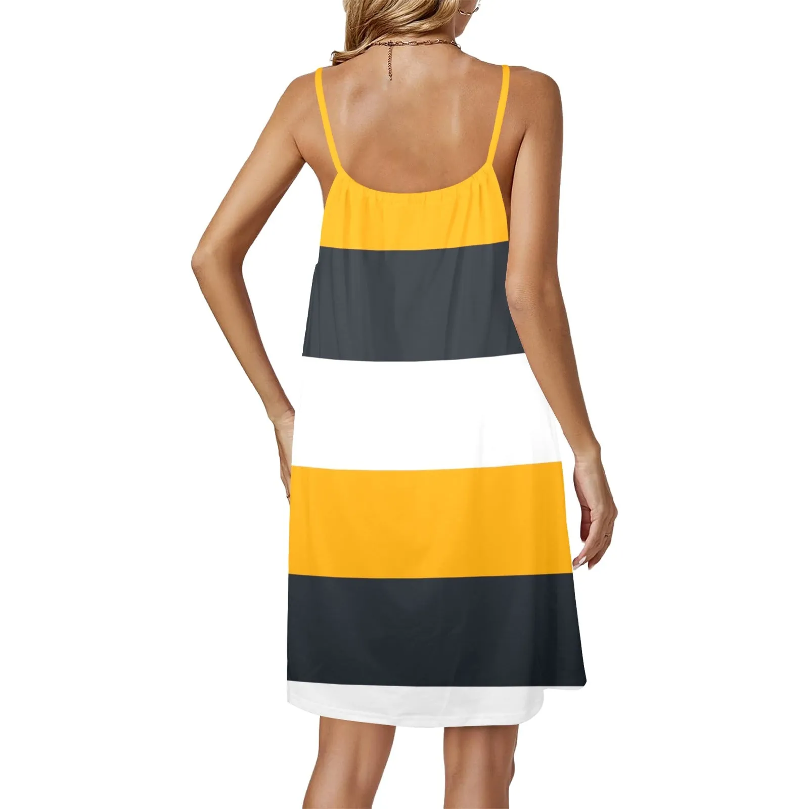 striped gold white black print Drawstring Neck Sleeveless Dress (Model D68)