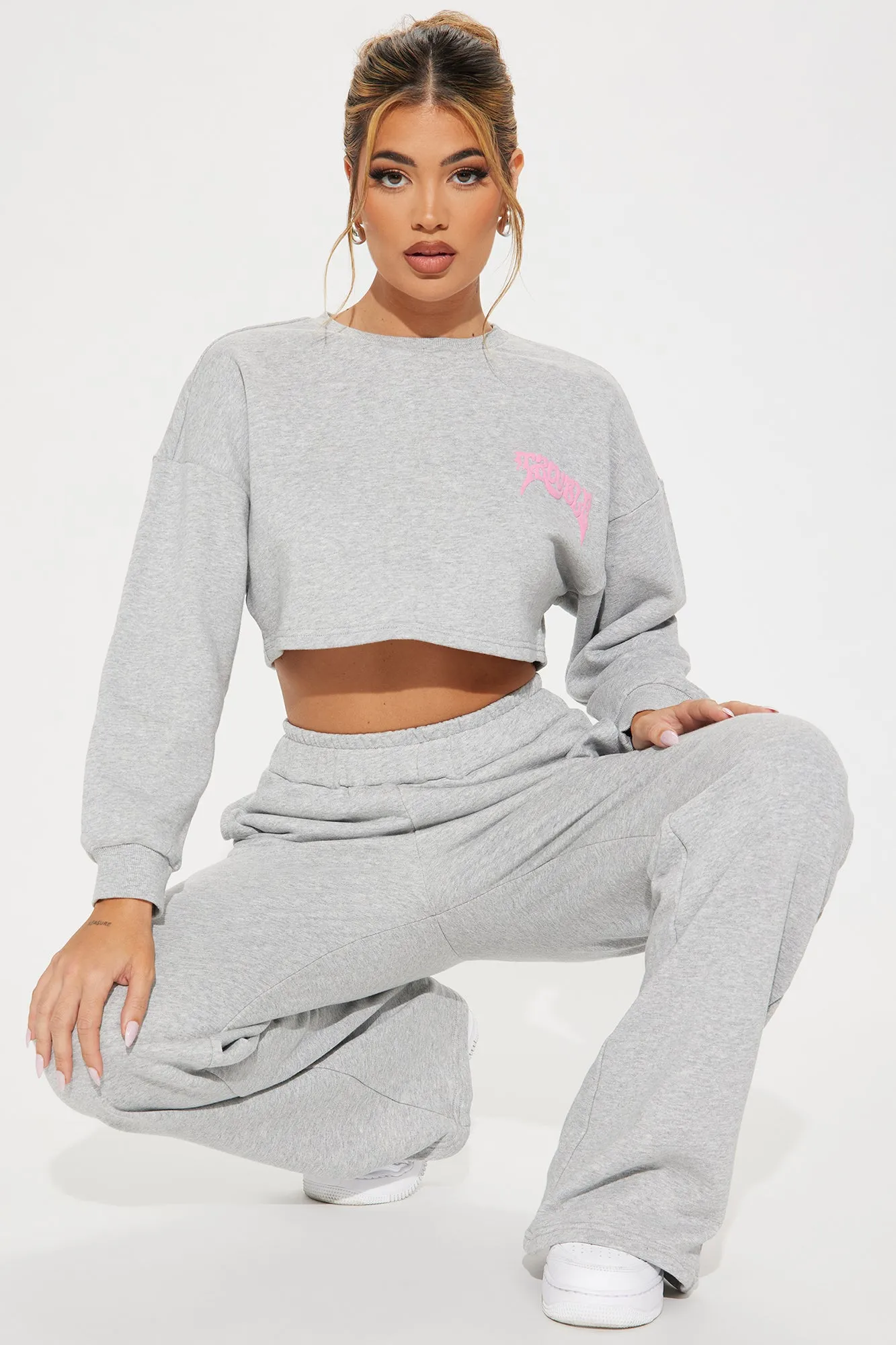 Trouble Maker French Terry Pant Set - Heather Grey