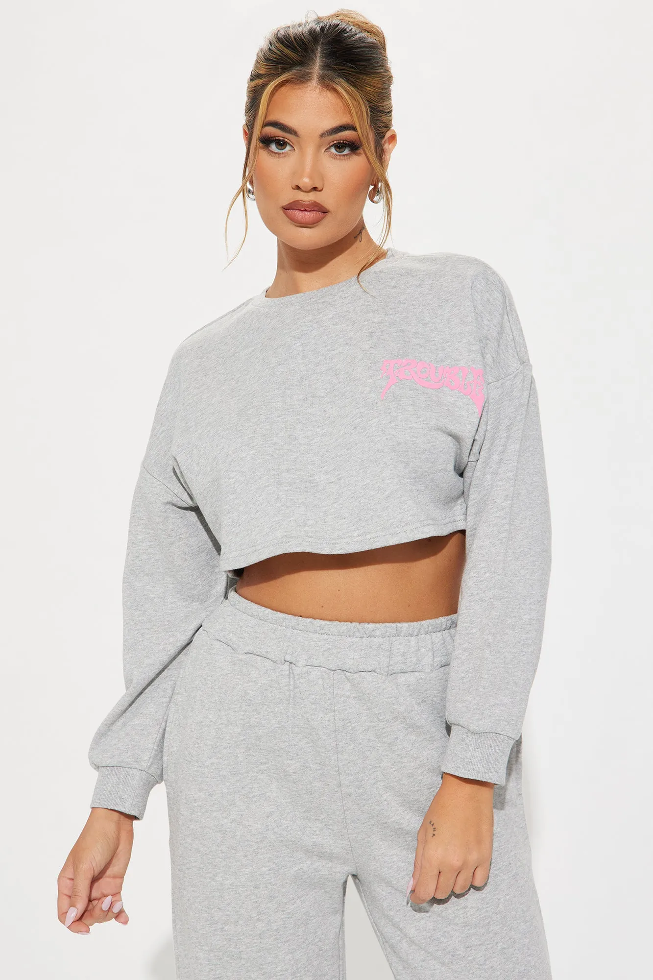 Trouble Maker French Terry Pant Set - Heather Grey