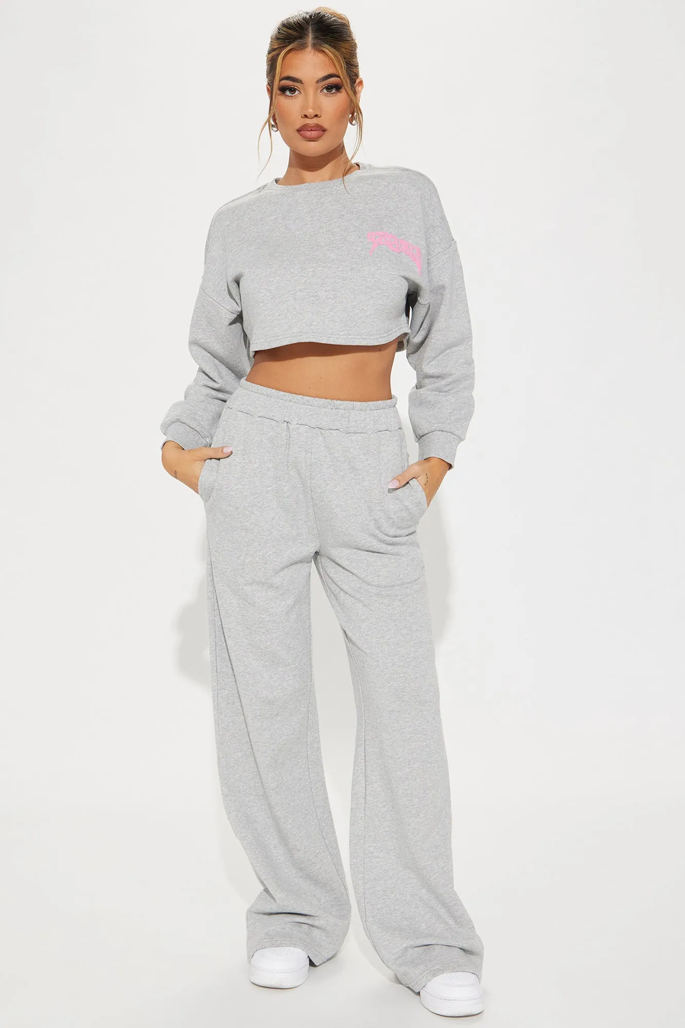 Trouble Maker French Terry Pant Set - Heather Grey