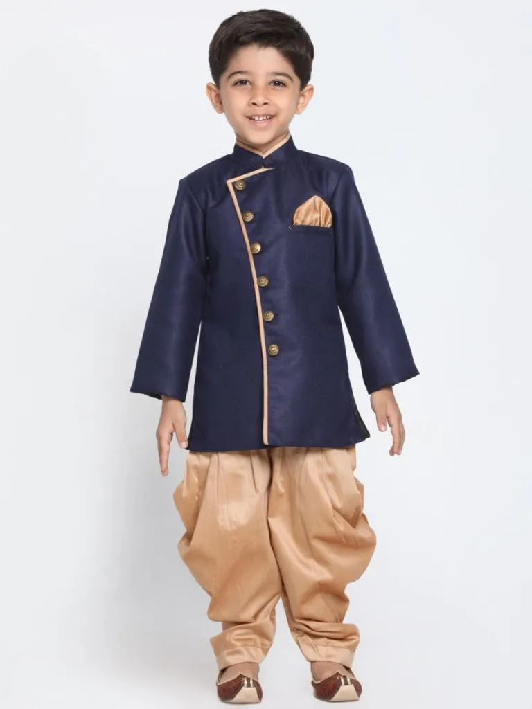 Vastramay Boy's Blue Jute Blend Sherwani Set