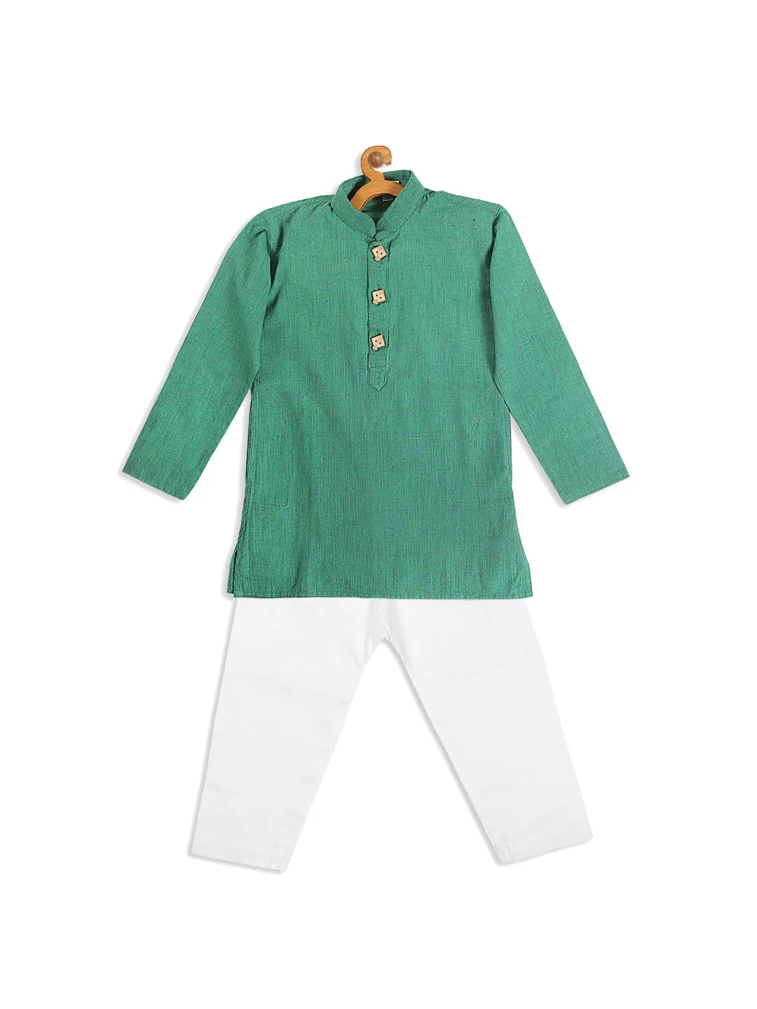 VASTRAMAY Boy's Green Striped Pure Cotton Kurta With Pyjama Set