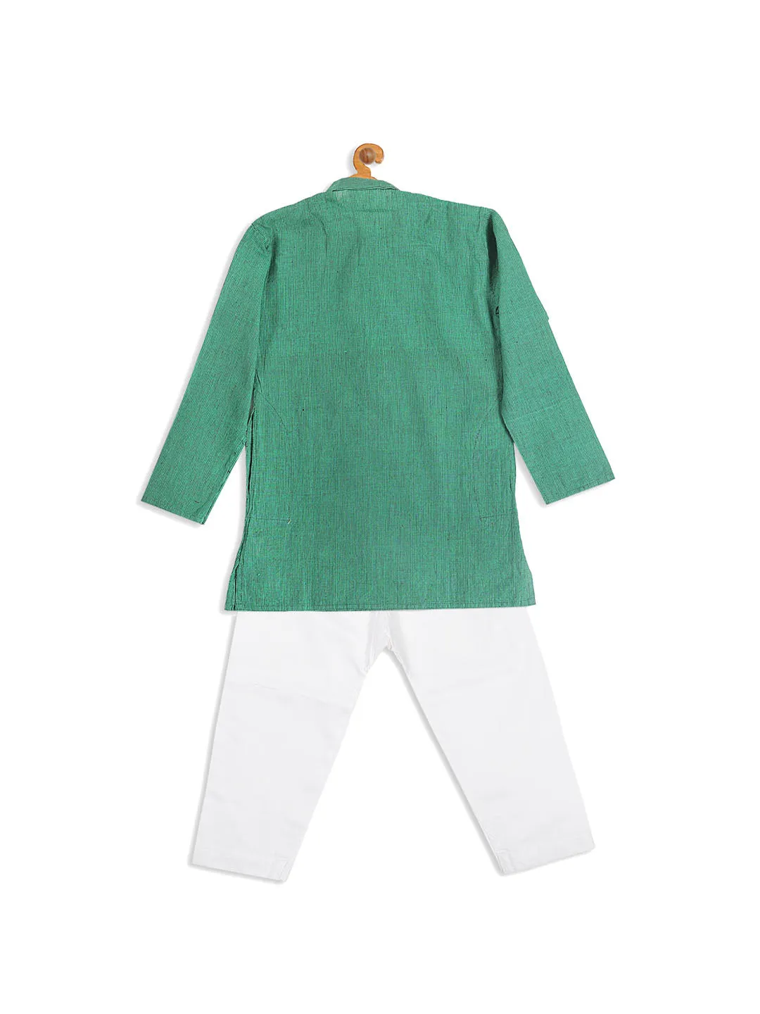 VASTRAMAY Boy's Green Striped Pure Cotton Kurta With Pyjama Set