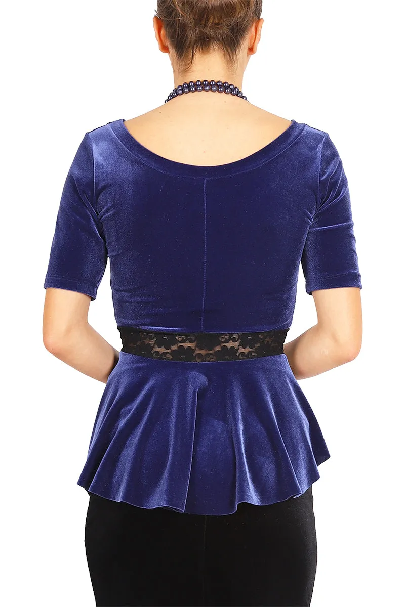 Velvet Peplum Top with Lace Waist