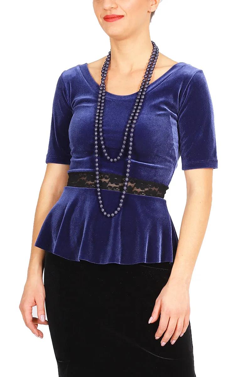 Velvet Peplum Top with Lace Waist