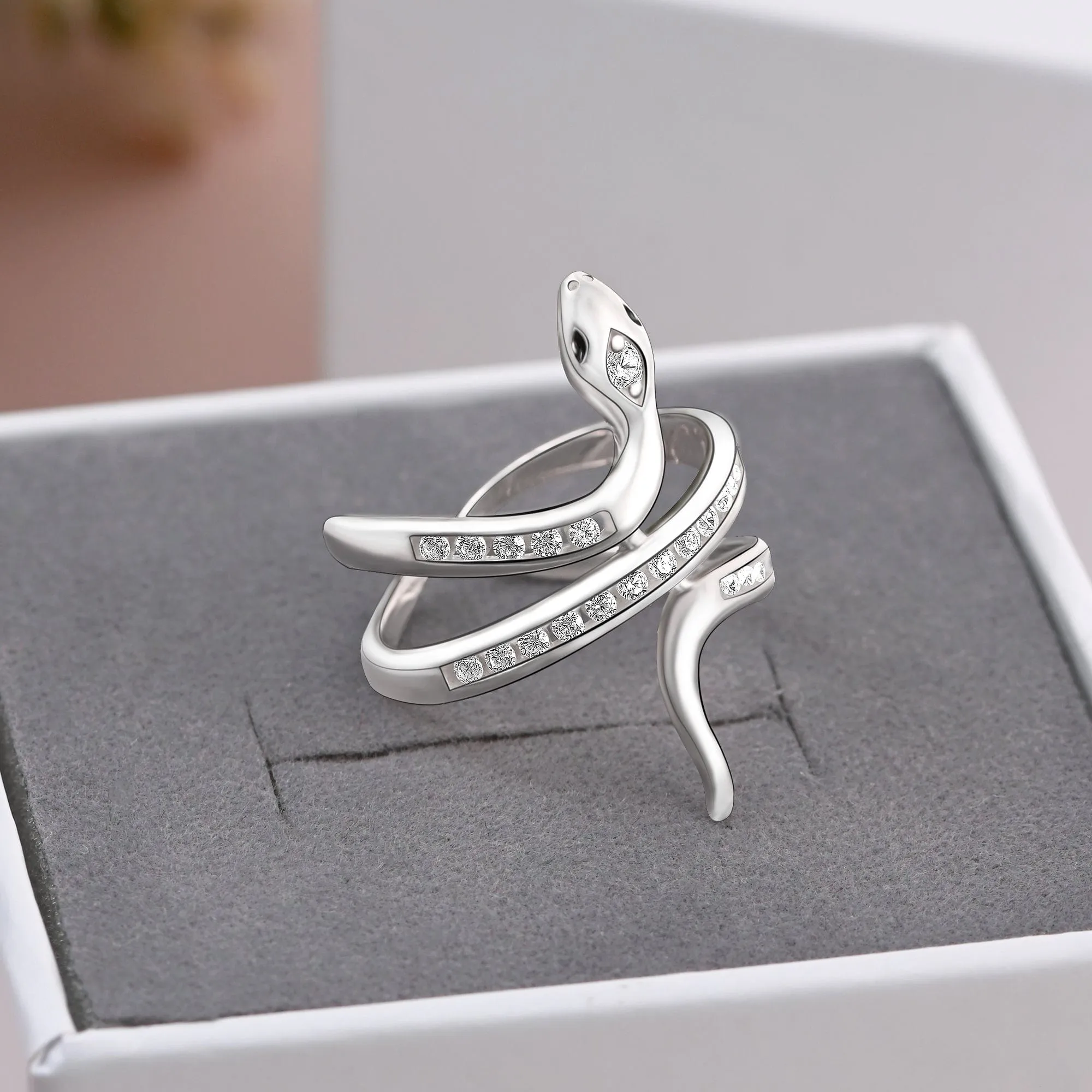 White CZ Coiling Snake Ring Silver Adjustable