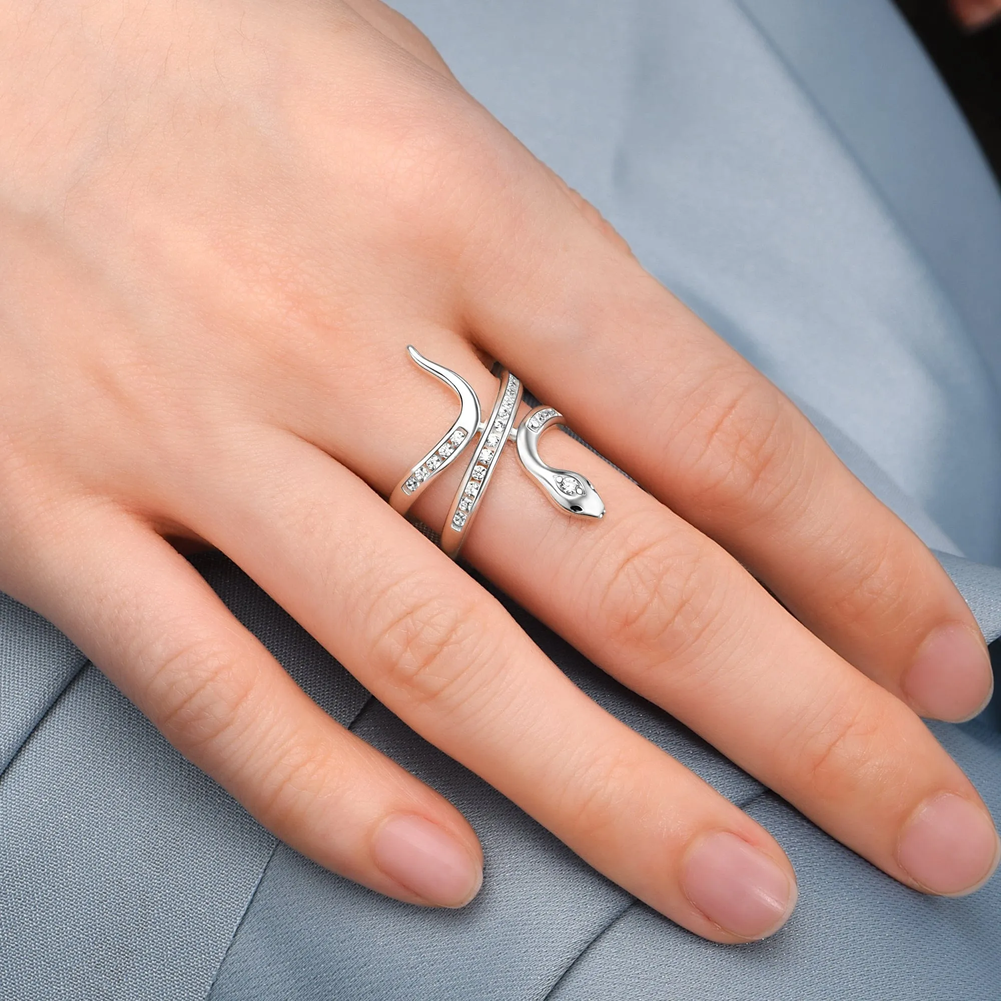 White CZ Coiling Snake Ring Silver Adjustable