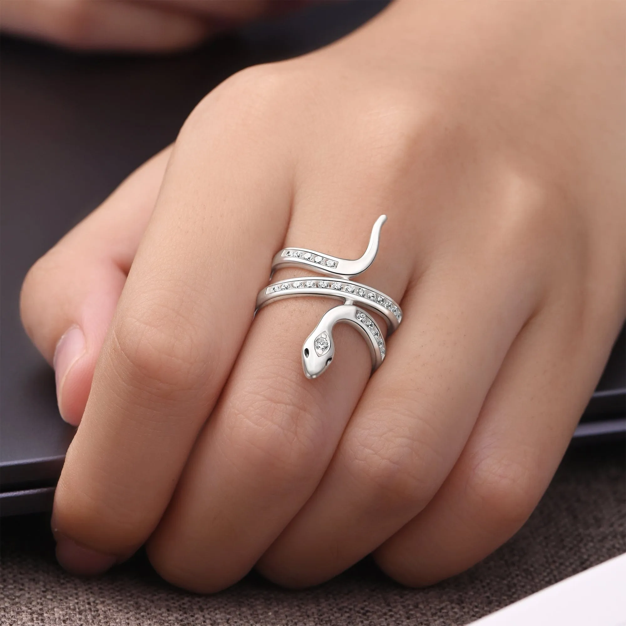 White CZ Coiling Snake Ring Silver Adjustable