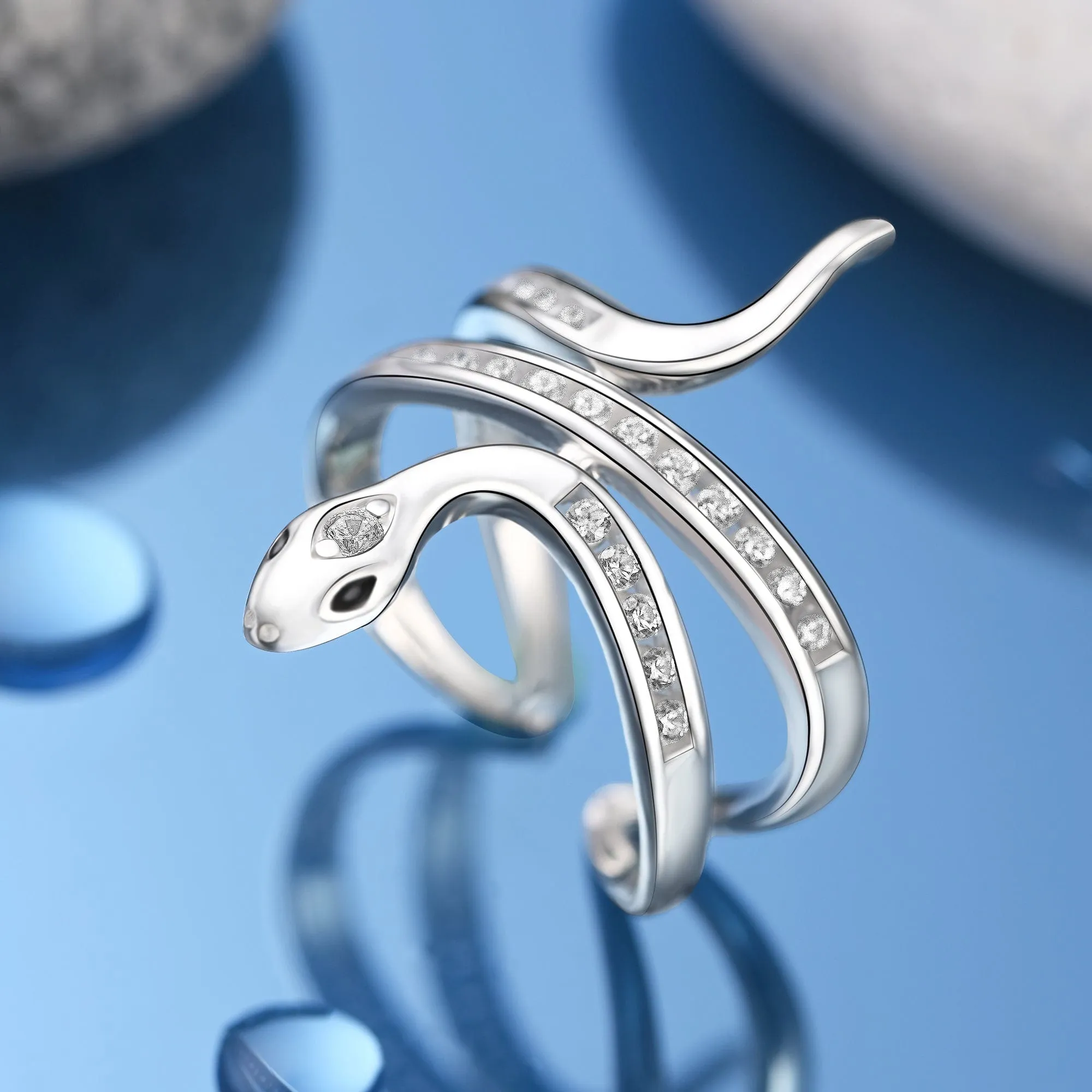 White CZ Coiling Snake Ring Silver Adjustable