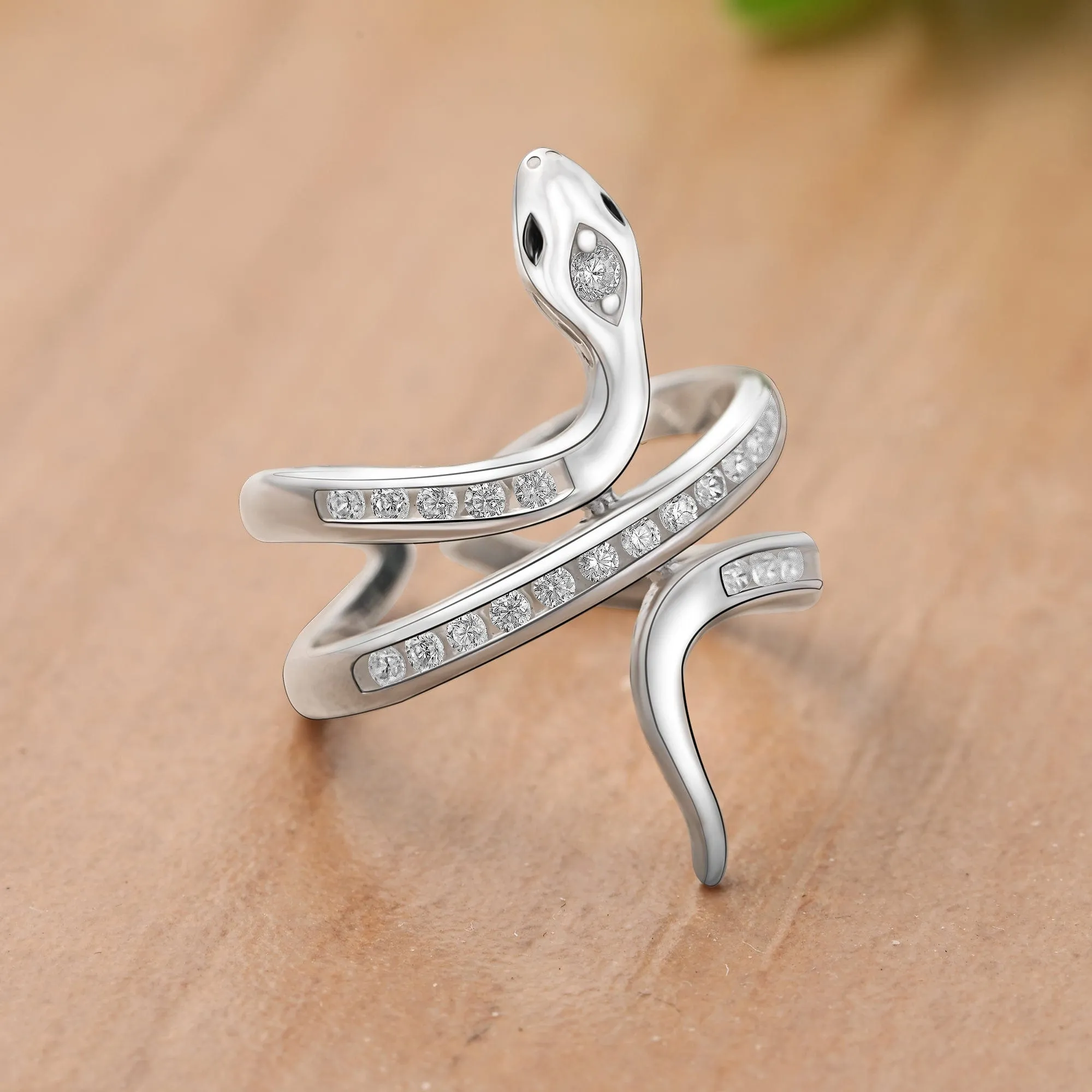 White CZ Coiling Snake Ring Silver Adjustable