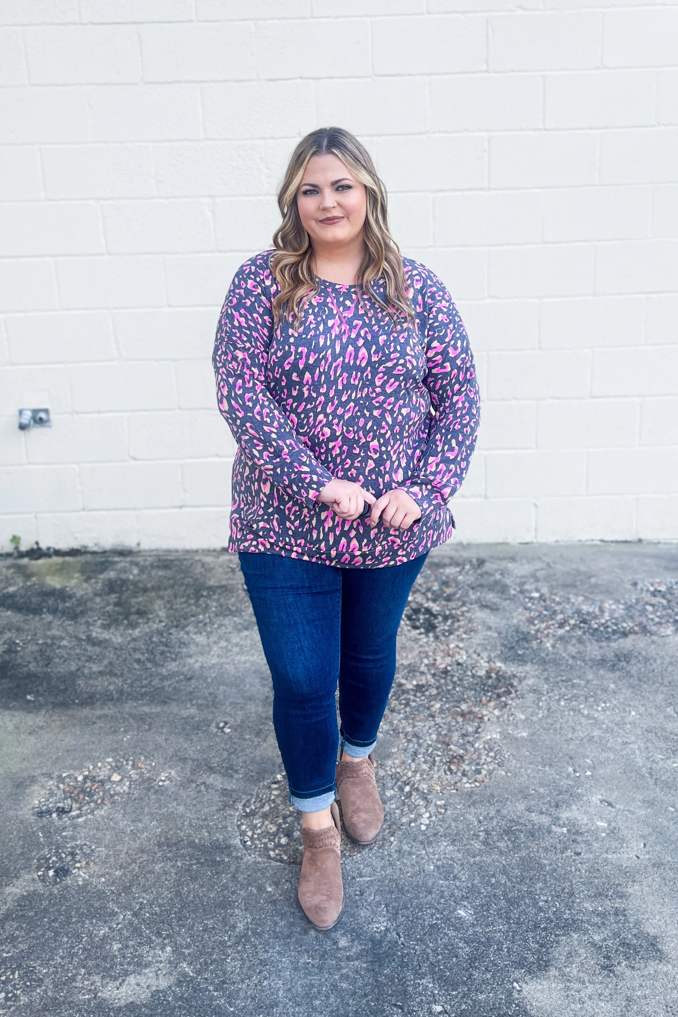 Wild Thing Leopard Pullover Top, Charcoal/Pink